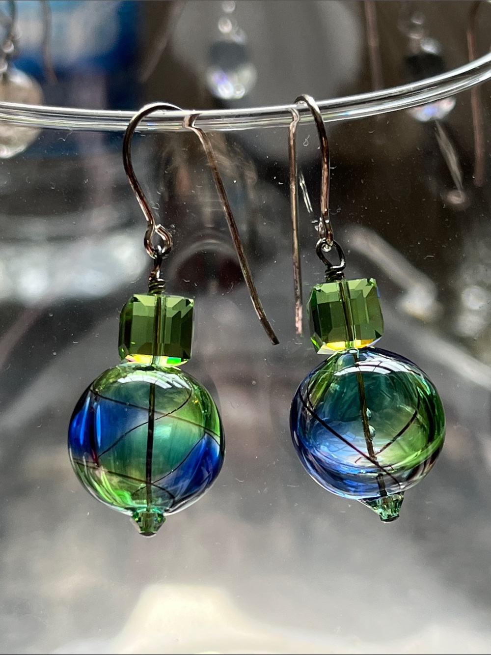 Blown Glass + Swarovski Cube Earrings • Sterling Wrapped • One‑of‑a‑Kind